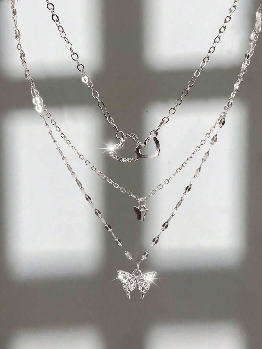 Layered Necklace Set - 3pcs Layered Butterfly Heart Pendant Necklace