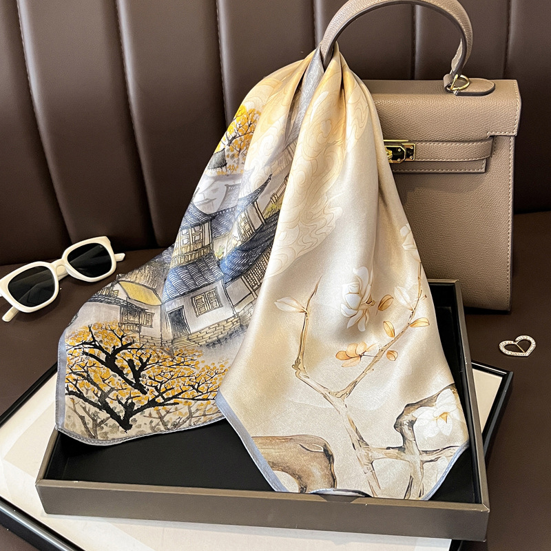 Silk Scarf Square - 52cm High-end Green Flower Silk Scarf