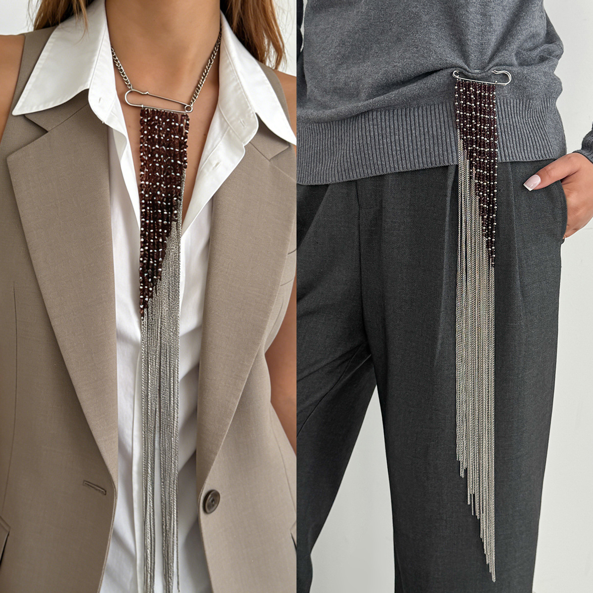 Women Accessories Chain - Silver Color Tassel Chain Brooch Fashion