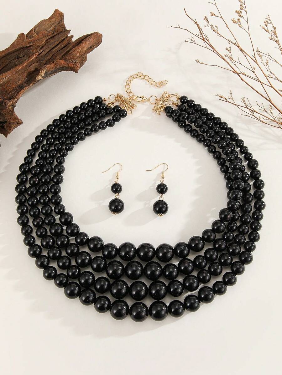 Layered Necklace Set - Multi-Layer Black Beaded Bohemian Necklace And
