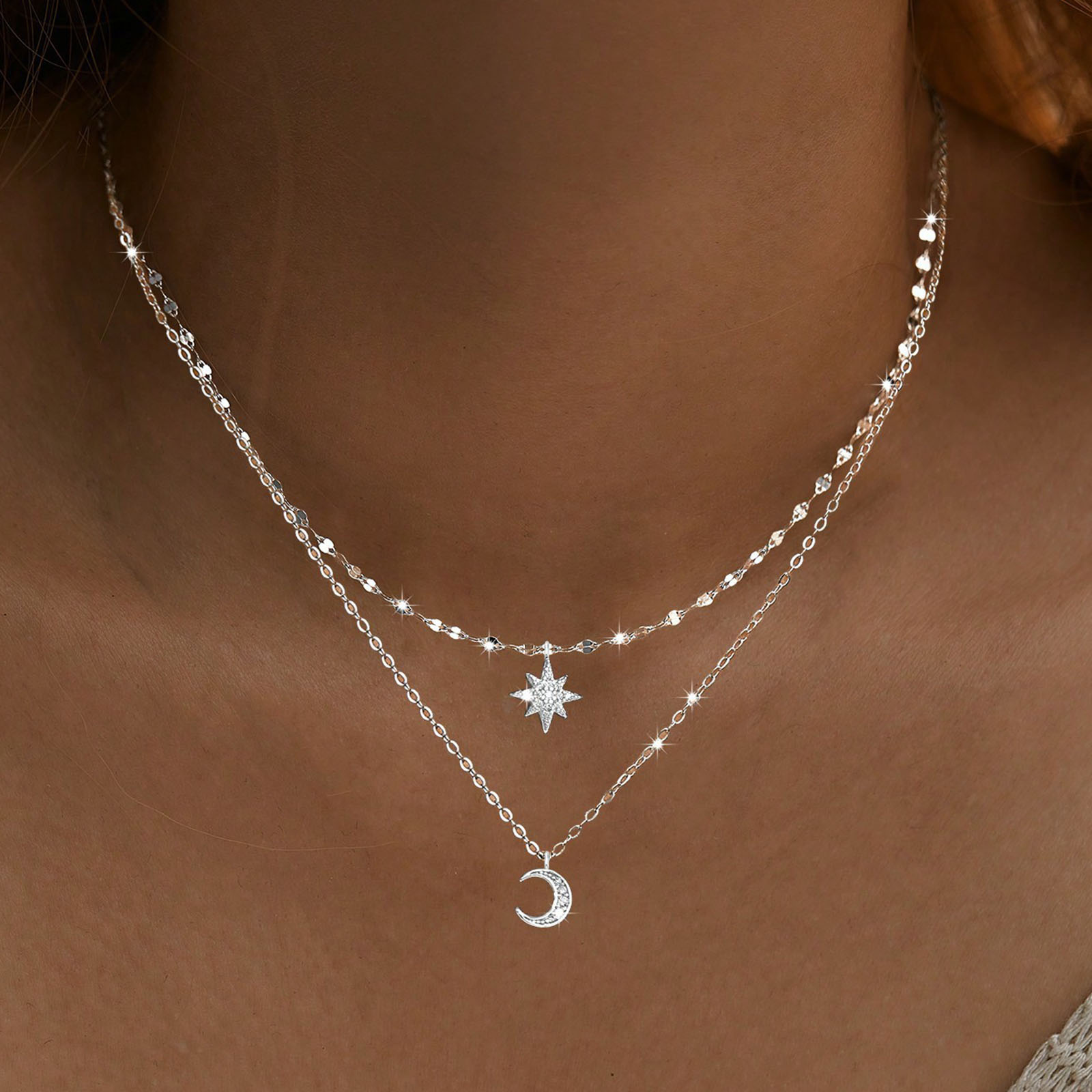 925 sterling silver moon Doubl - Layered Necklace Set บทวิจารณ์และราคา