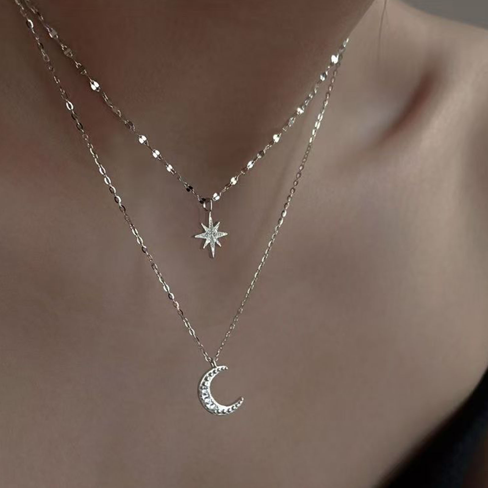 925 sterling silver moon Doubl - Layered Necklace Set บทวิจารณ์และราคา