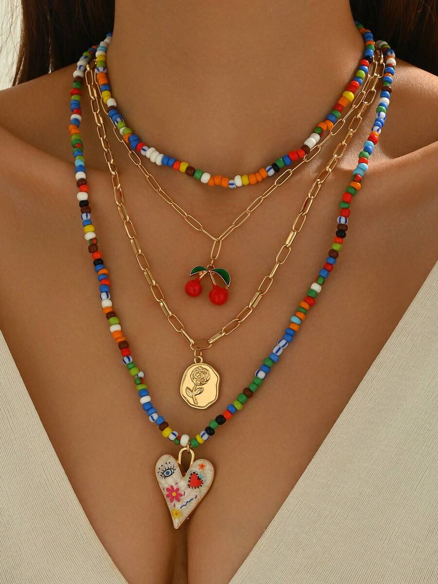 4pcs Bohemian Layered Coin Pen - Layered Necklace Set บทวิจารณ์และราคา